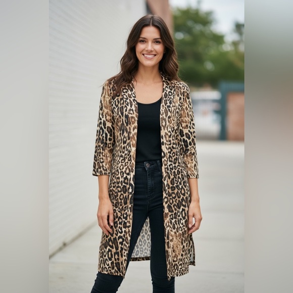Leopard Print Open Front Cardigan / Duster - Picture 1 of 8
